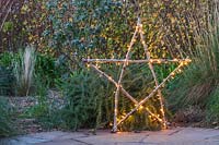 Étoile naturelle éclairée avec guirlande fabriquée à partir de longueurs de bâtons de noisetier, devant le parterre d'arbustes