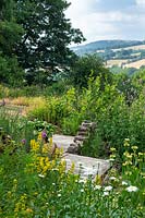 Un jardin de campagne planté de manière naturaliste avec un chemin en bois à travers des parterres de fleurs.