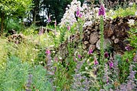 Un mur en rondins respectueux des insectes et de la faune dans des parterres de fleurs naturalistes plantés de digitales, d'allium et de menthe à chat.