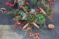 Détail de la couronne de Noël rustique faite avec un mélange d'églantier, de pommes sauvages, de pommes de pin et de feuillage. Stylisme: Marieke Nolsen