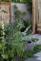 Vue de la plantation dans The Communication Garden à côté d'une petite pièce d'eau - Designer : Amelia Bouquet - Sponsors : London Stone, Practicality Brown, Urbis Design -