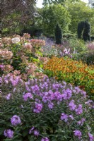 Phlox, Helenium 'Sahins Early Flowerer' et Hortensia dans des parterres de fleurs informels à la fin de l'été dans un grand jardin de campagne