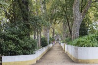 Vue sur l'avenue du chemin de terre bordée d'arbres bordée d'un muret jusqu'à la Fonte Nascente. Les gens peignent. Seixal, près de Setubal, Portugal. septembre