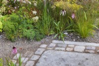 Le jardin M et G. Détail de la zone pavée avec un mélange de gravier et de pavage pour un meilleur drainage. Combinaison de plantation d'automne comprenant Echinacea pallida, Pennisetum alopecuroides 'Cassian', Sporobolus heterolepis et Solidago x luteus 'Lemore'.