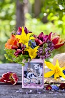 Vase en fer blanc de fleurs printanières - tulipes, bellis, euphorbe, myosotis, honnêteté et lamelles rouges.