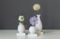 Fleurs d'été simples dans des vases à bourgeons contre un mur gris