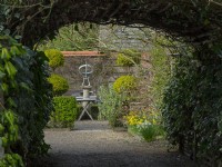 Cadran solaire armillaire et topiaire dans le jardin de thé à - East Ruston Old Vicarage, Norfolk.