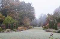 Tôt le matin, le gel et le brouillard à Foggy Bottom Garden, conçu par Adrian Bloom, les jardins de Bressingham, Norfolk - Novembre