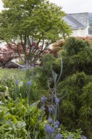 Une sculpture en métal de Matt Coe de Dingle Designs se trouve parmi des plantations informelles de style cottage, notamment des camassias et des arums. Ferme Whitstone, jardin NGS Devon. Le printemps.
