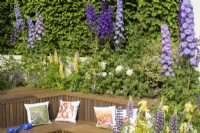 Coin salon en contrebas avec banc en bois et coussins plantés au-dessus avec des delphiniums, des lupins et des iris - New Blue Peter Soil Garden.