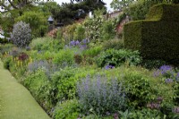 Le parterre de fleurs herbacées dans le jardin clos de Goldstone Hall Gardens, avec Nepeta racemosa 'Walker's Low', Catmint, Geranium 'Gerwat' Rozanne, Geranium Rozanne et Geum rivale 'Mrs. Bradshaw'.