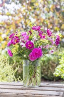 Bouquet contenant Callistephus 'Coral Rose', Cosmos 'Double Click Cranberries', Nicotiana langsorfii, Zinnia elegans 'Envy' et Antirrhinum 'Lucky Lips'