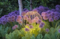 Lampe de jardin sphérique parmi les Alliums