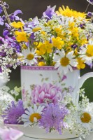 Bouquet de fleurs printanières contenant des pâquerettes, des renoncules et de la scabieuse des champs.