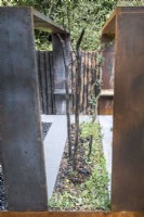 Parterre de fleurs avec du charbon de bois et du bois carbonisé et un feu régénérant endommagé Eucalyptus dalrympleana.The Body Shop Garden Designer : Jennifer HirschRHS Chelsea Flower Show 2022 Sanctuary Gardens
