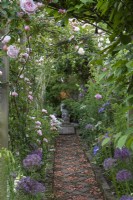 Un chemin rectiligne fait de briques récupérées posées en diagonale, remplies de morceaux de terre cuite, traverse une pergola plantée de roses roses et d'Allium cristophii.