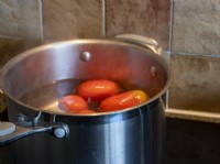 Tomates Roma mûres dans de l'eau bouillante pour desserrer la peau