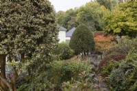 Un mélange d'arbustes et d'arbres borde un chemin pavé de pierres avec une maison en arrière-plan. Whitstone Farm, Devon NGS jardin, automne