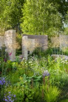 Parterre de fleurs avec Stipa gigantea, Leucanthemum vulgare, Campanula patula par des murs sculpturaux incurvés. The Mind Garden, Designer : Andy Sturgeon, RHS Chelsea Flower Show 2022 - Médaille d'or