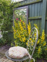 Réflexions de jardin dans un miroir encadré suspendu à une clôture de jardin