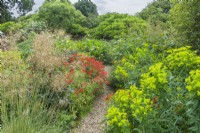 chemin de gravier entre des parterres de fleurs herbacées à thème coloré. Alstroemerias, Stipa gigantea et euphorbes. Juillet