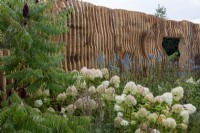 Rhus typhina, Hydrangea paniculata, Miscanthus sinensis et Salvia uliginosa 'Ballon Azul' devant un mur à persiennes en chêne sculpté - The Boodles Secret Garden, RHS Chelsea Flower Show 2021