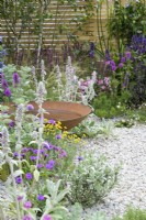 Plantation herbacée tolérante à la sécheresse d'Armeria maritima, Artemisia schmidtiana et Stachys byzantina avec bol d'eau en acier Corten rouillé - Turfed Out Garden, RHS Hampton Court Palace Garden Festival 2022