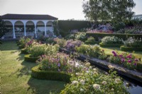 Le jardin de la Renaissance à David Austin Roses avec des haies de buis basses incurvées remplies de parterres de roses. Élément d'eau du canal étroit
