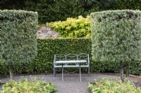 Un siège et une table en métal encadrés par des tambours de poire argentée pleureuse, Pyrus salicifolia 'Pendula', à Whitburgh House Walled Garden en septembre.