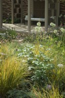 Plates-bandes herbacées plantées d'alliums blancs, d'astrantias, de geums et de graminées ornementales. devant le pavillon fait d'écrans de saule - Stitchers Sanctuary Garden