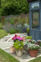 Patio décoratif avec plantes en pot et parterre de graminées sèches et vivaces menant de la maison d'été - Journée des jardins ouverts, Easton, Suffolk