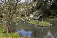 Une vue sous un arbre avec des fleurs de printemps sur un grand lac avec une île au milieu. L'île a une sculpture d'une jeune fille balançant un petit enfant dans les airs. Jardins de Marwood Hill, Devon. Printemps. Peut