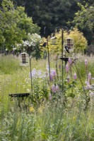 Une sélection de mangeoires d'oiseaux au milieu d'un parterre de fleurs mixtes dans un pays, jardin de style cottage avec un mélange d'arbres et d'arbustes en arrière-plan. Un pic épeiche se nourrit de l'une des mangeoires à oiseaux. Été. Juin.
