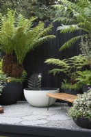 Une cour inspirée de la Nouvelle-Zélande, avec des pots faits à la main remplis de plantes indigènes et de fougères arborescentes. Une pièce d'eau sur mesure est alimentée par une fougère argentée, symbole national de la Nouvelle-Zélande.