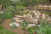 Décombres entourés de fleurs sauvages dans The Wildlife Trusts: Wilder Spaces garden au RHS Malvern Spring Festival 2023
