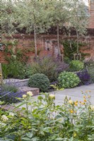 Cour-jardin murée avec dallage en grès, écran plissé Pyrus salicifolia 'Pendula' et petits parterres secs