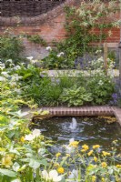 Petite piscine rectangulaire bordée de briques avec fontaines à bulles avec parterres de fleurs, plantes dont : - Hostas ; Astrantie; Zantedenchia aethiopica; Tulbaghia violacea, Geums