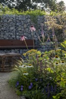 L'échinacée 'White Swan' et la Pallida poussent parmi Stipa gigantea, Veronicastrum virginicum et Achillea millefolium 'Terracotta', sur la terrasse du jardin Nurturing Nature in the City. Créateurs : Caroline et Peter Clayton.