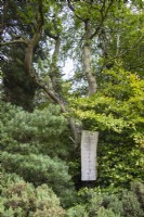 Inscription sculptée sur une planche de bois suspendue à un arbre dans la déambulation. Août.