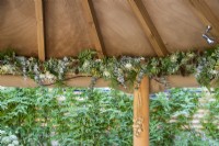 Plantes artificielles et gousses séchées décorant le bord intérieur du gazebo en bois