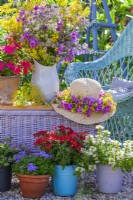 Présentation de pots avec fleurs de balcon, chapeau avec couronne et bouquet de fleurs de pois de senteur et de fleurs sauvages dans un pichet en émail.