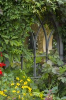 Fenêtre en faux plomb de style gothique située au milieu du feuillage sur une clôture avec reflet du jardin. Vitis vinifera 'Purpurea', Parthenocissus quinquefolia. Juillet