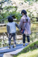 Frère et sœur japonais se tenant la main et regardant dans l'étang.