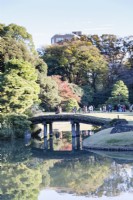 Groupe de visiteurs japonais marchant sur la terre et un pont incurvé en bois avec des reflets dans le lac.