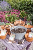 Pots en terre cuite contenant chacun une variété différente de bulbes dans des sacs en papier brun avec un bassin rempli de compost et de bulbes d'anémone trempés dans l'eau sur une table en bois
