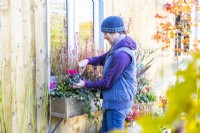 Femme plantant du cyclamen dans une jardinière