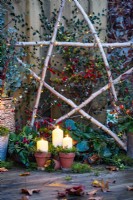 Des bougies dans des pots en terre cuite avec de la mousse devant illuminent une étoile de bouleau, un cotonéaster et un trug de lierre