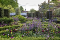 Dans un jardin clos de style victorien, un arrangement formel de parterres de fleurs linéaires et incurvés est rempli d'honnêteté violette, de tulipes, d'euphorbes et de roses. De nouvelles colonnes ajoutent de la permanence.