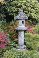 Lanterne en pierre ou Ishidoro avec arbustes environnants