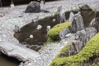 Zone pavée avec petit bassin et rochers placés avec parterre de rhododendrons (non fleuris).